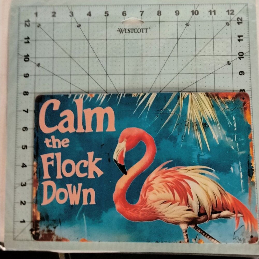 Calm The Flock Down Flamingo Metal Wall Sign 8x12 Inch Distressed Retro - Picture 3 of 7